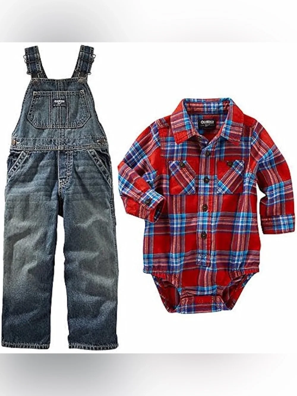 Oshkosh B’gosh Flannel Lined Denim Overalls & Plaid Onesie Set